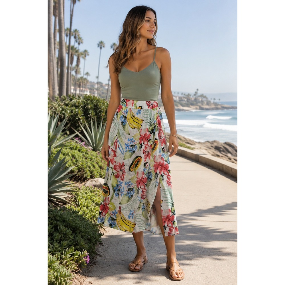 C&C California Womens Skirt‎ Large Linen Lyocell Floral Banana Wrap Maxi White